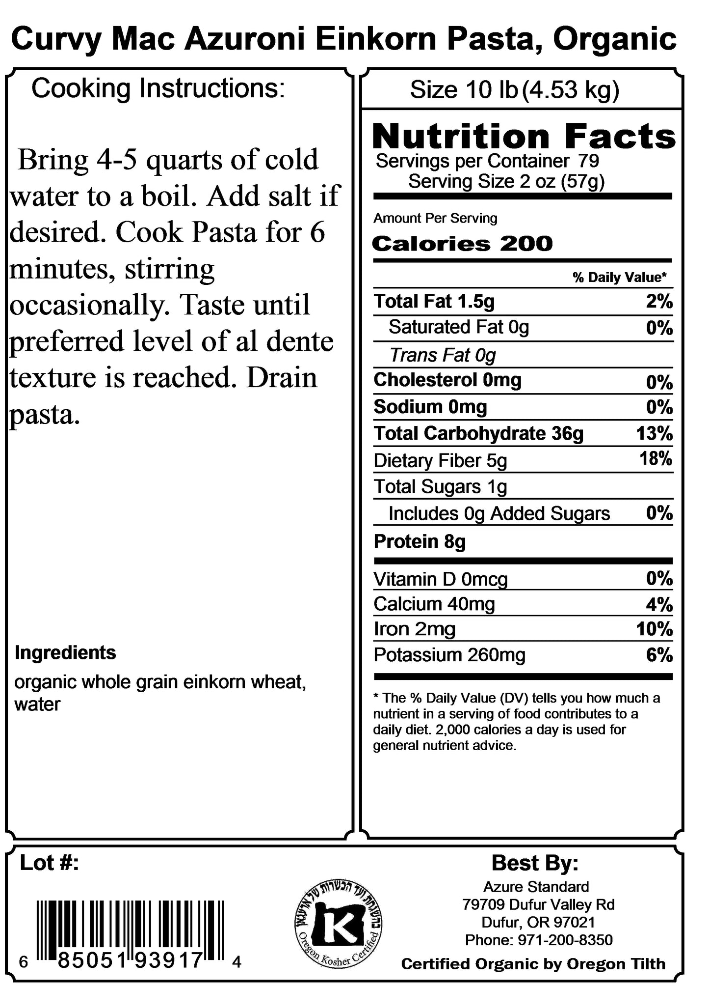 Curvy Mac Azuroni Einkorn Pasta, Organic