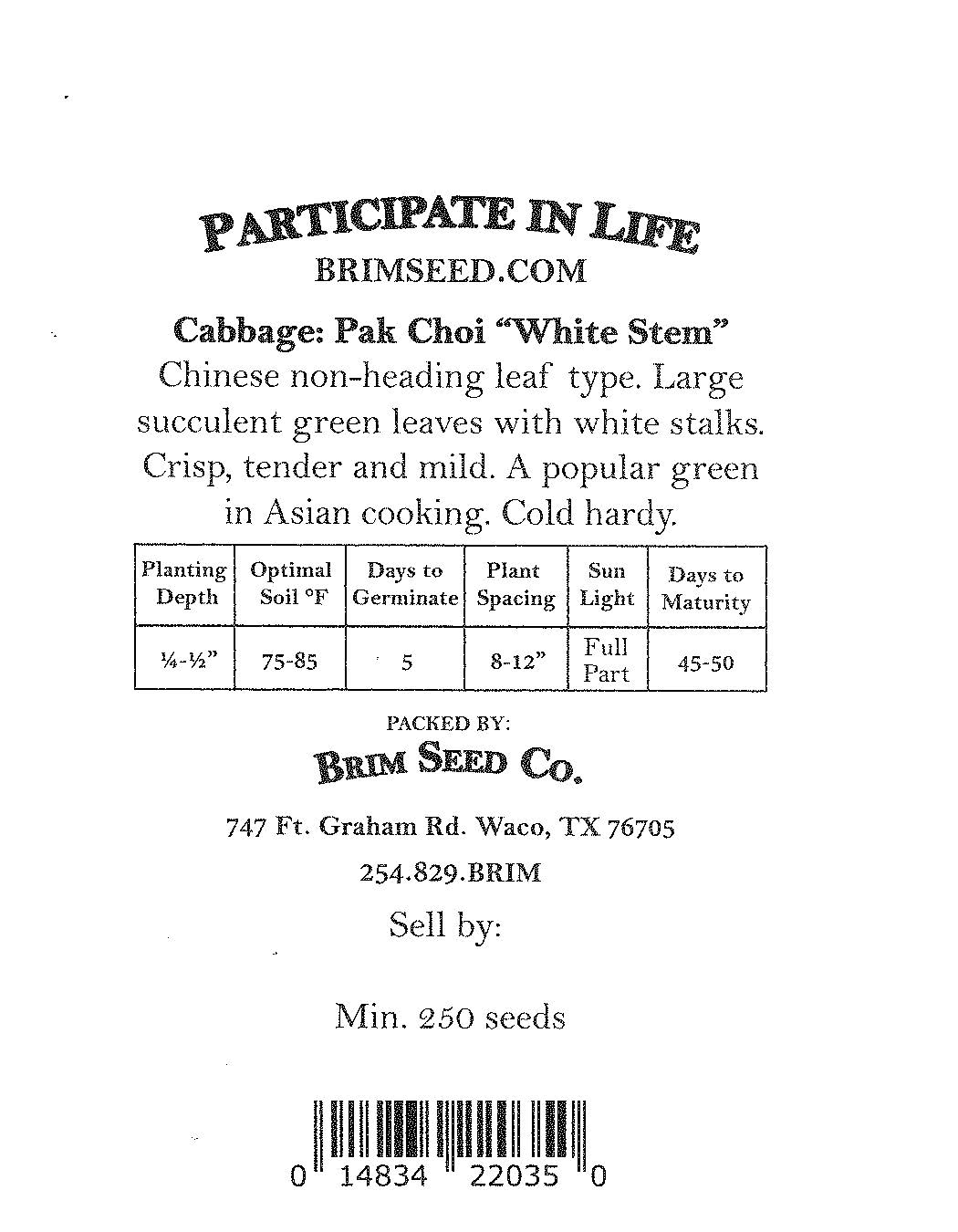 Cabbage, Pak Choi, Heirloom Seed