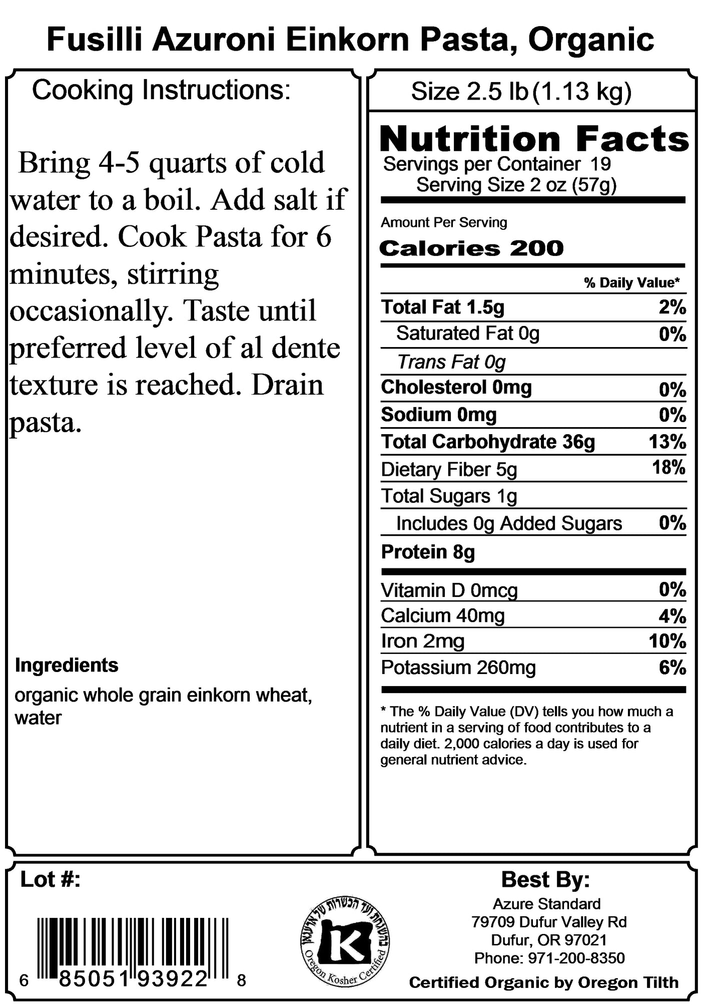 Fusilli Azuroni Einkorn Pasta, Organic