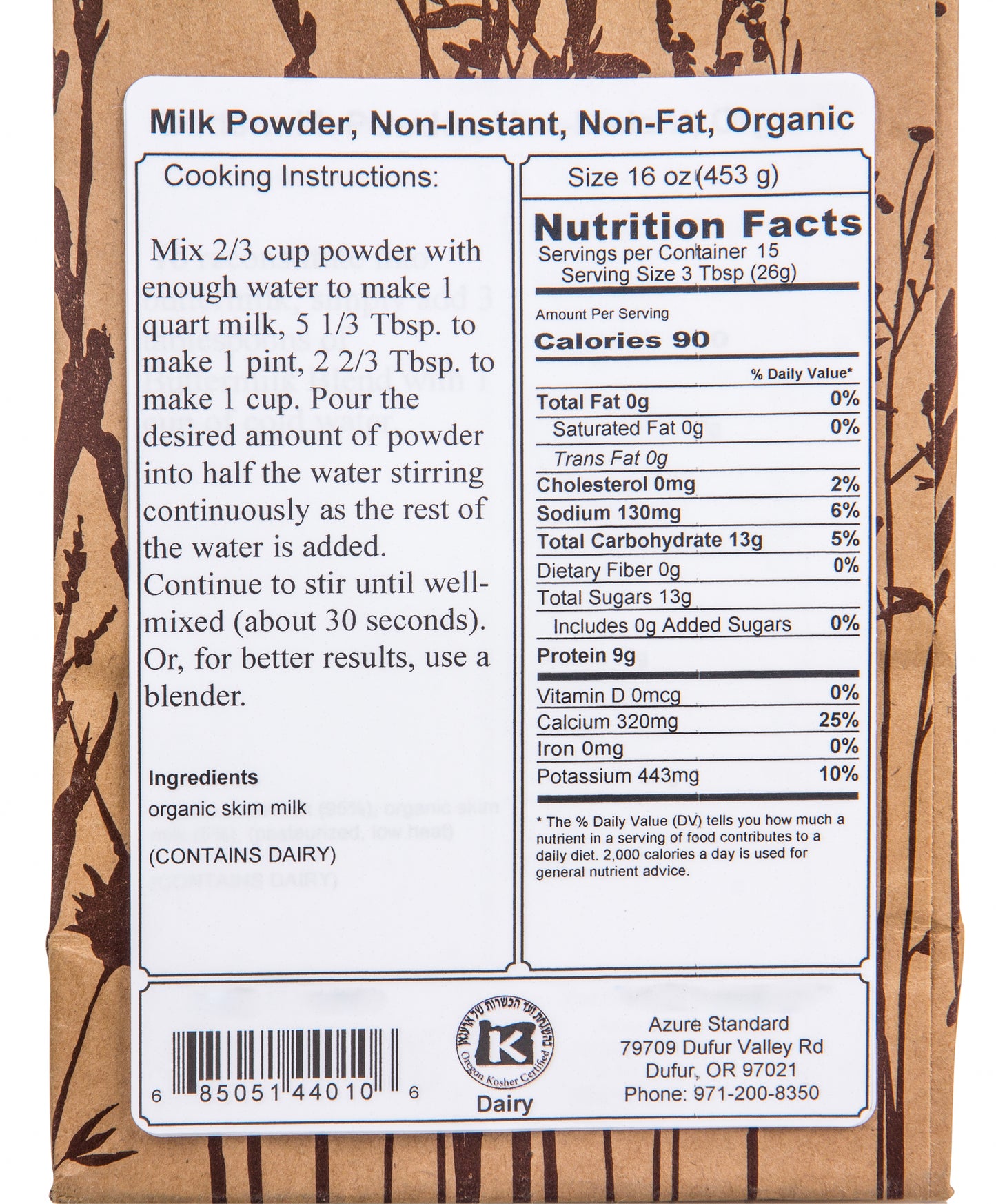 Milk Powder, Non-Instant, Non-Fat, Organic