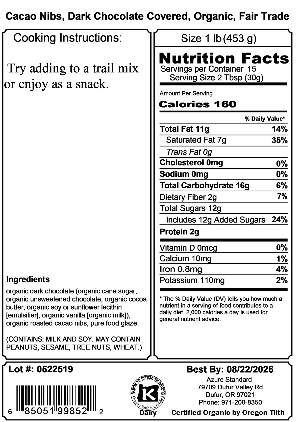 Cacao Nibs, Dark Chocolate Covered, Organic, Fair Trade