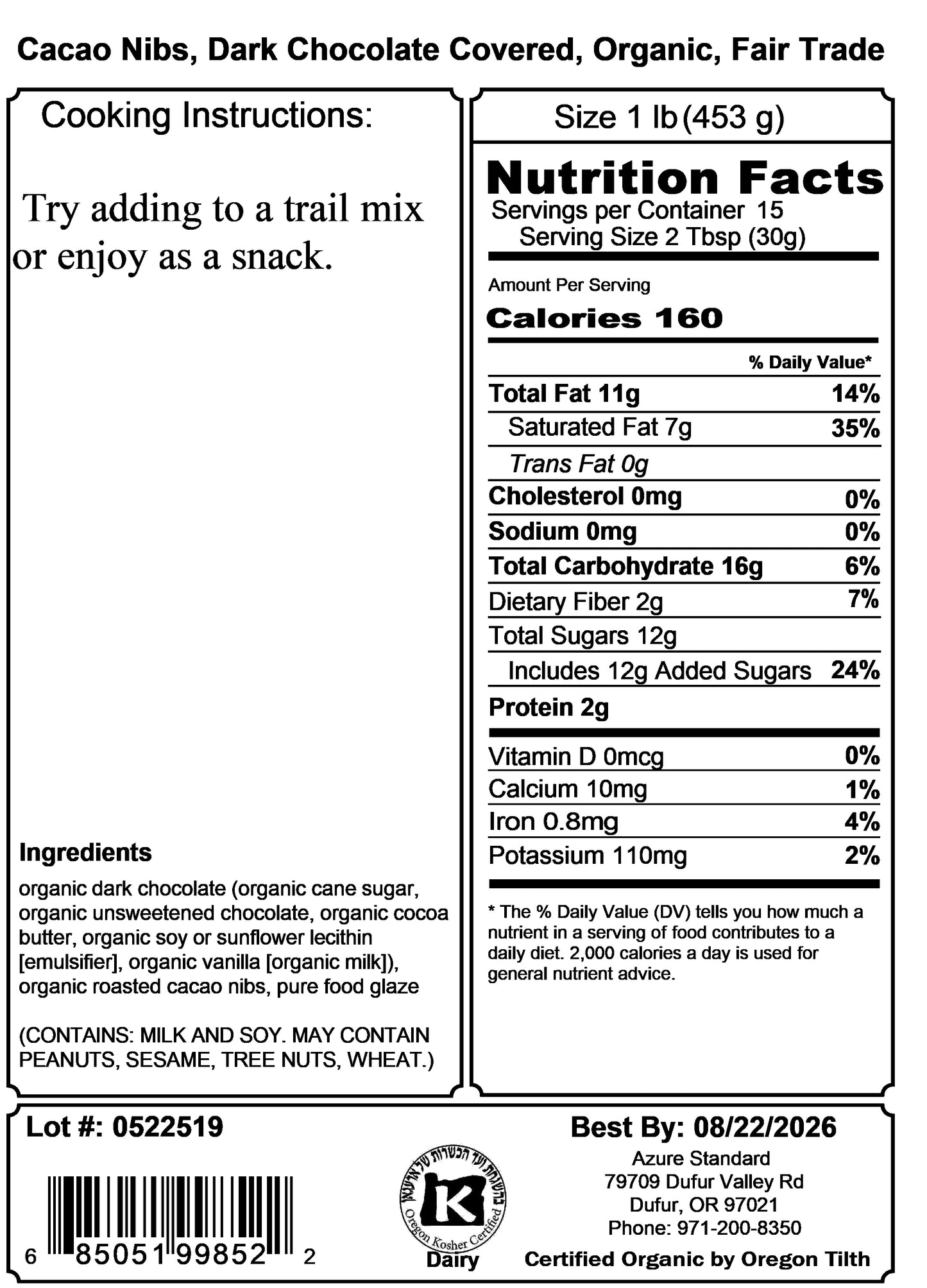 Cacao Nibs, Dark Chocolate Covered, Organic, Fair Trade
