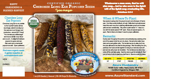 Cherokee Long Ear Popcorn Seed, Organic