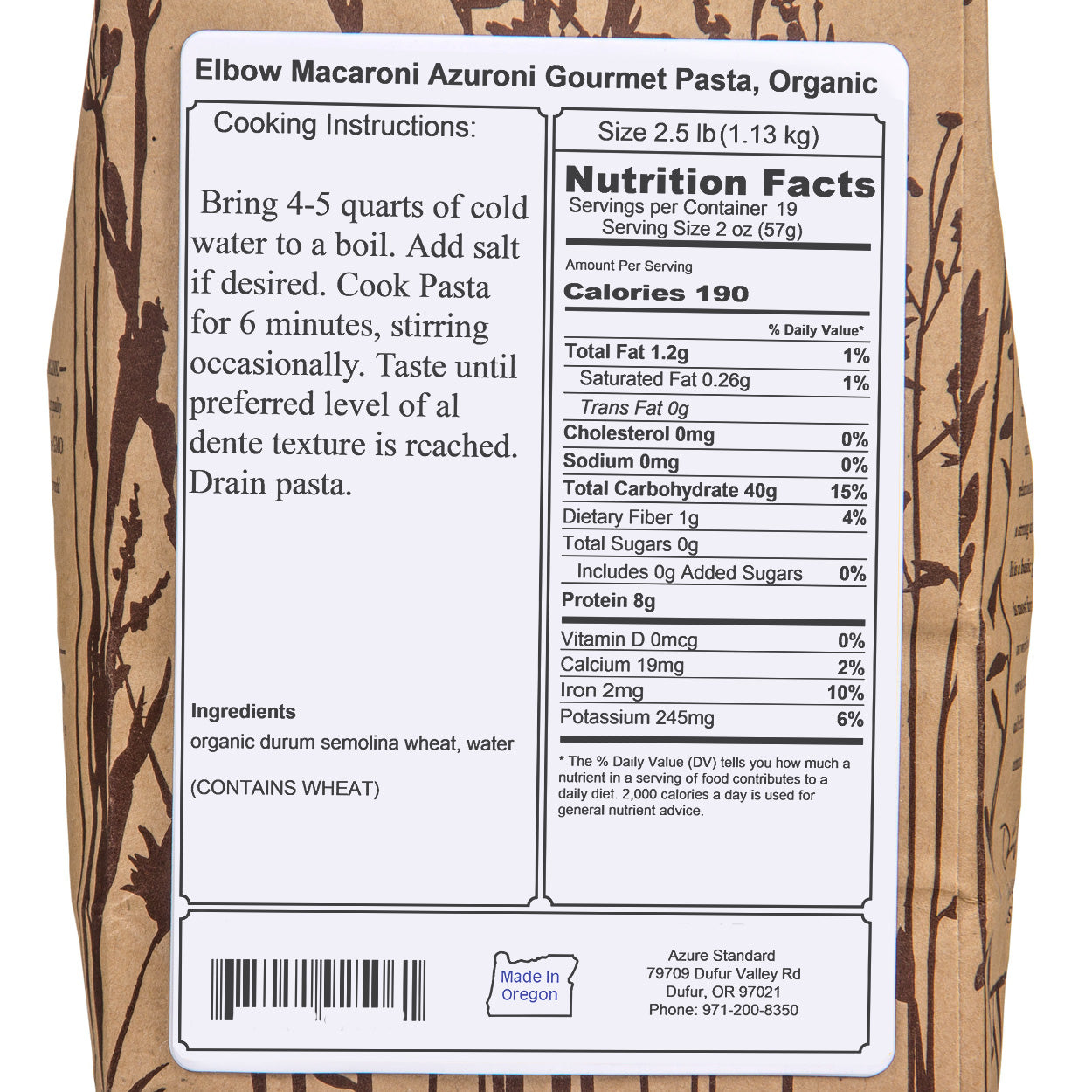 Elbow Macaroni Azuroni Gourmet Pasta, Organic