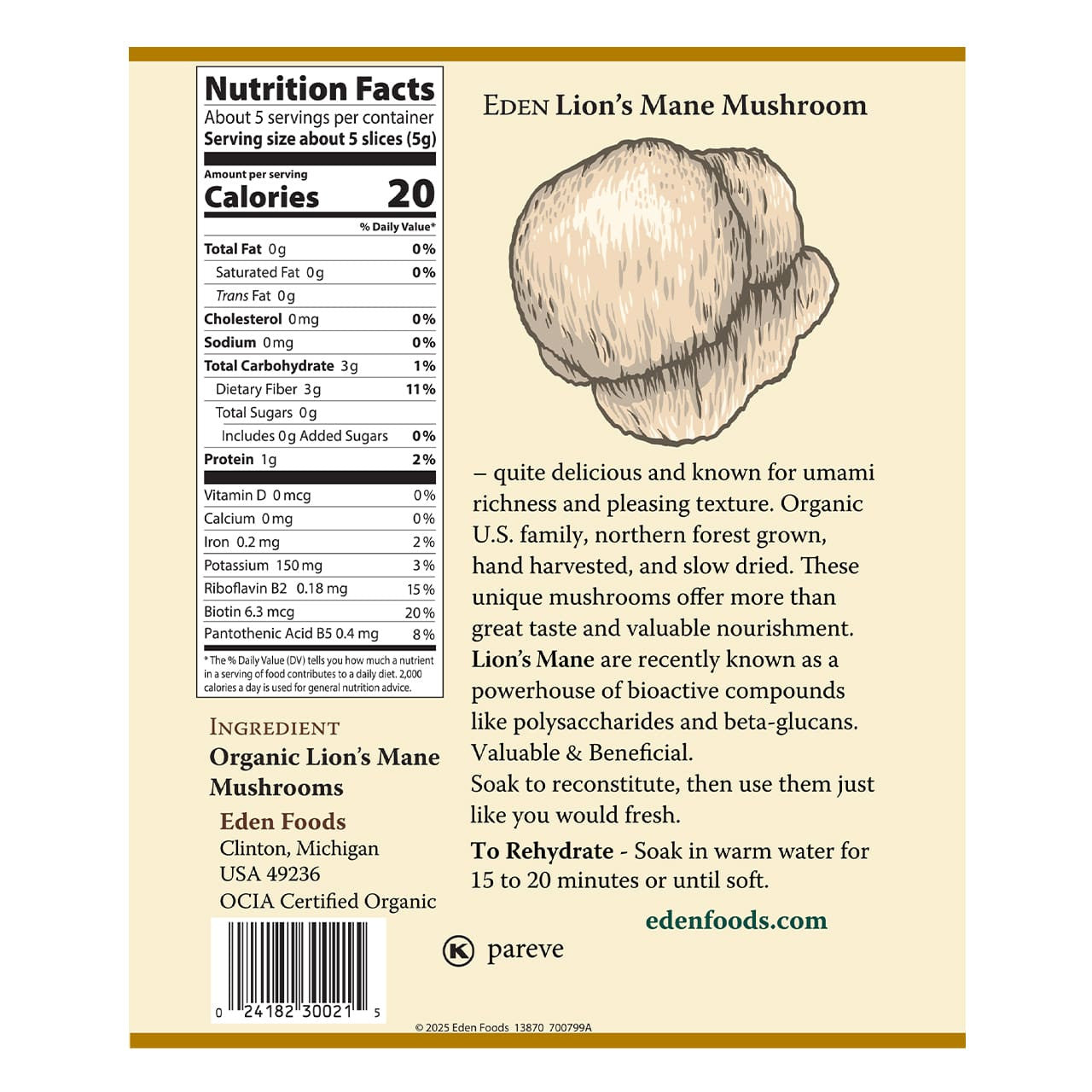 Lion's Mane Mushrooms, Dried, Organic