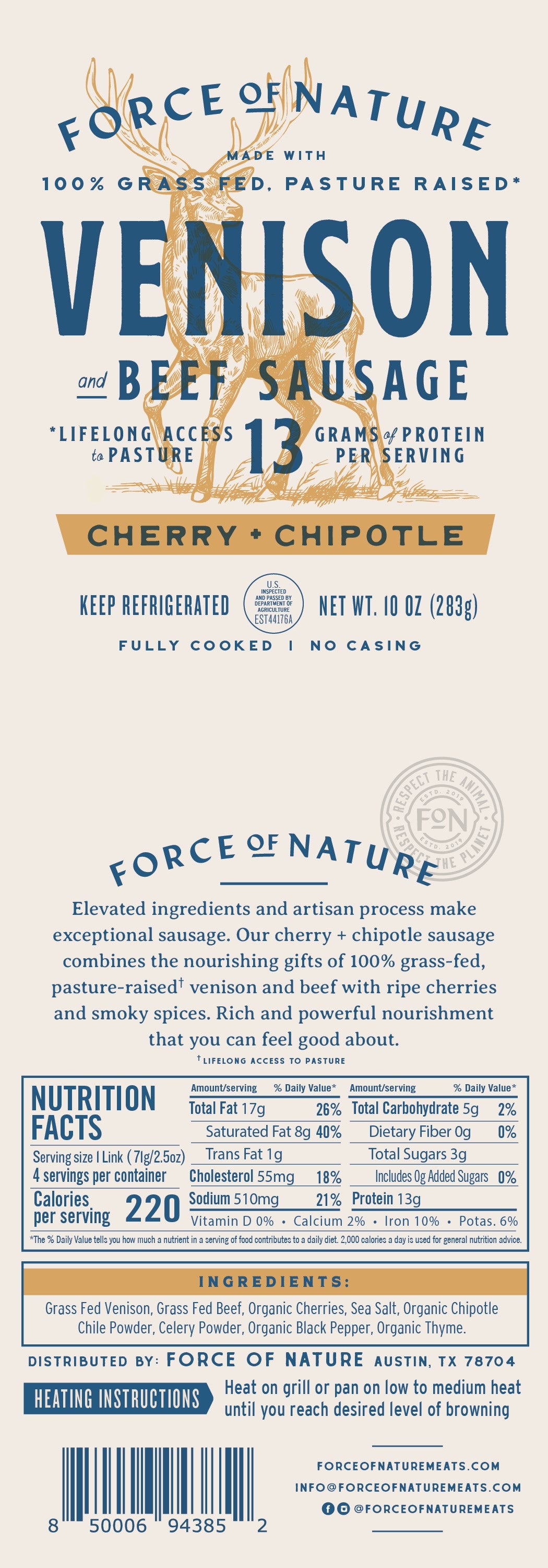 Venison Sausage Links, Chipotle, Cherry, Grass-Fed, Frozen