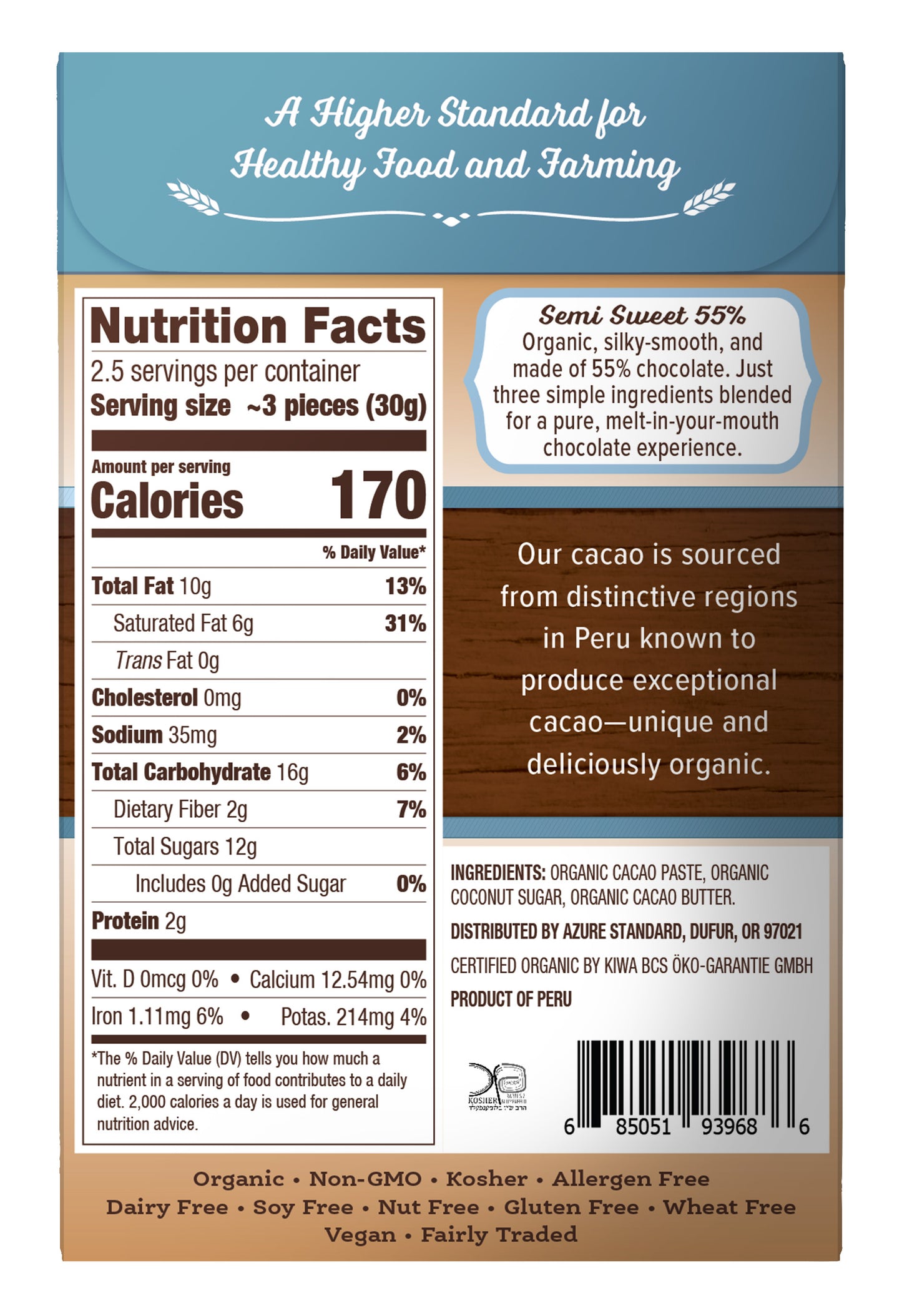 Dark Chocolate Bar 55% Sweetened With Coconut Sugar, Organic