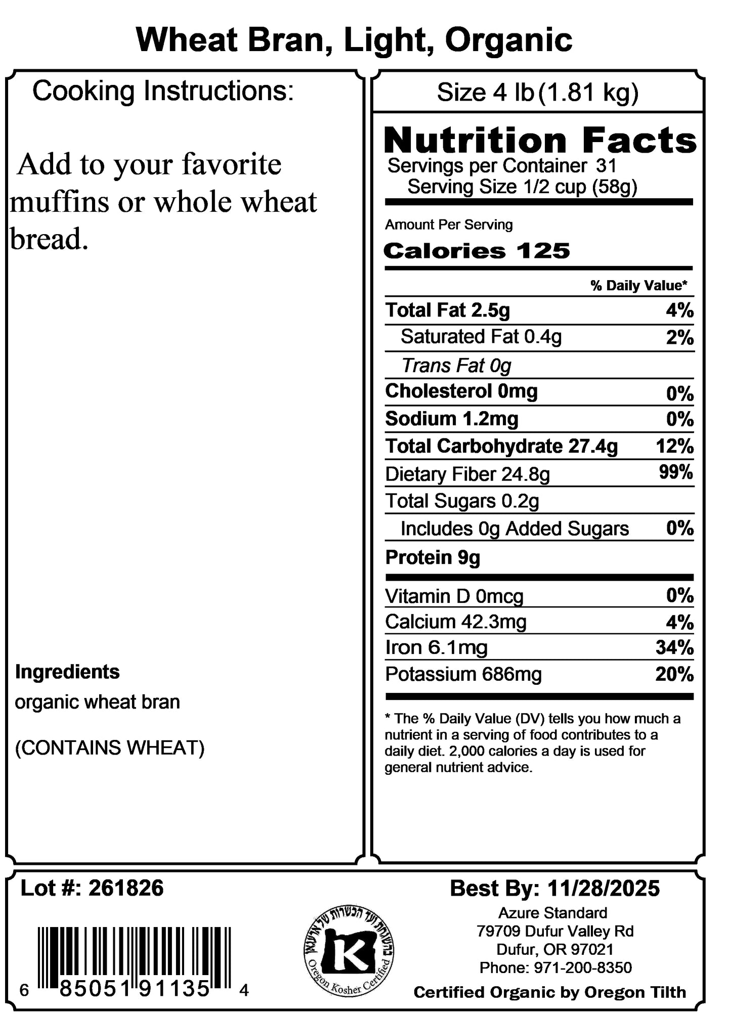 Wheat Bran, Light, Organic