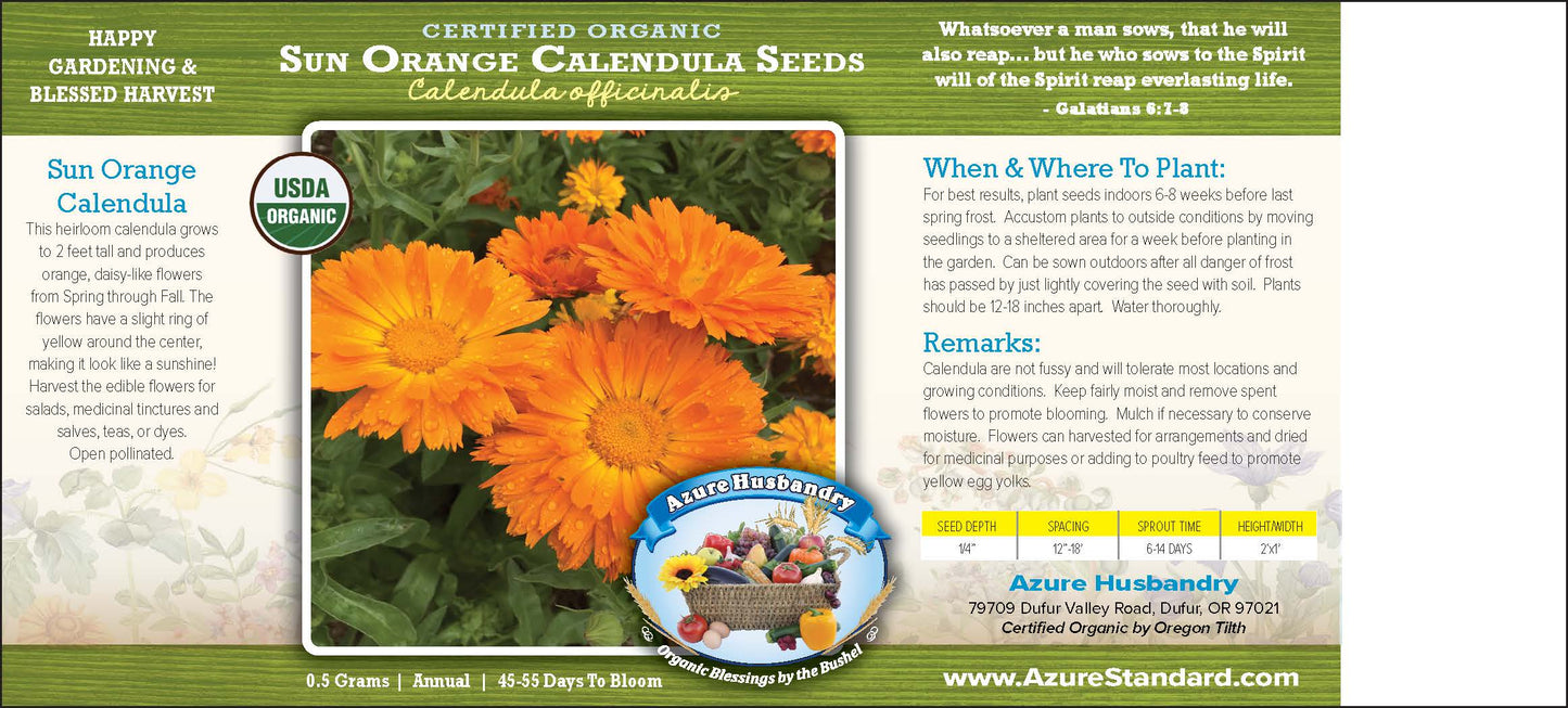 Sun Orange Calendula Seed, Organic