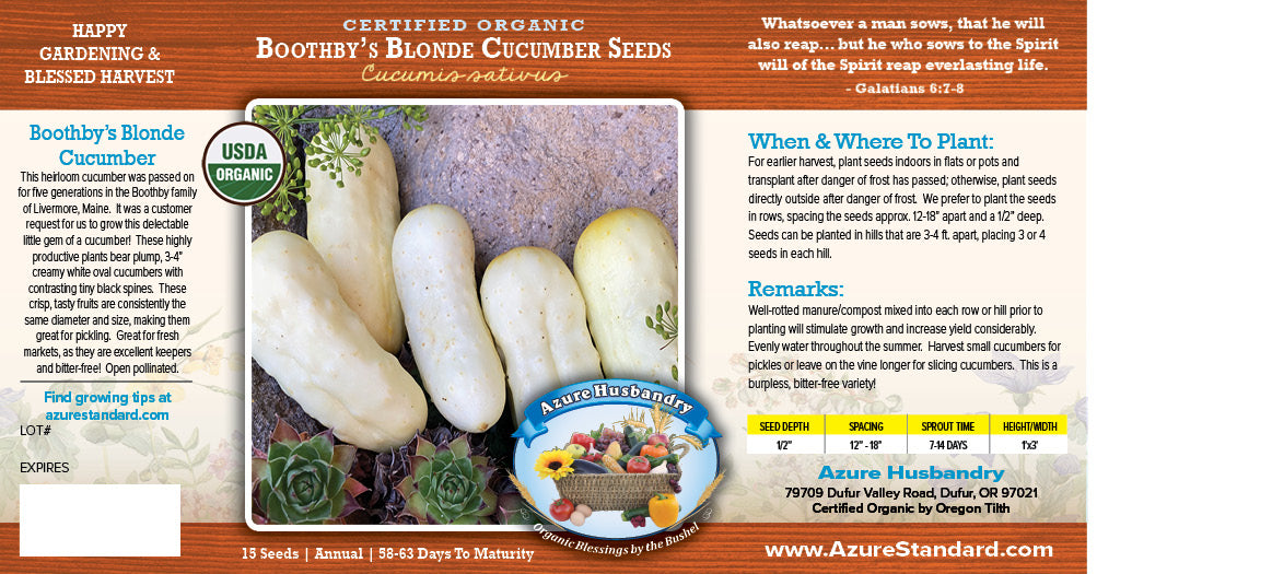 Boothby's Blonde Cucumber Seed, Organic