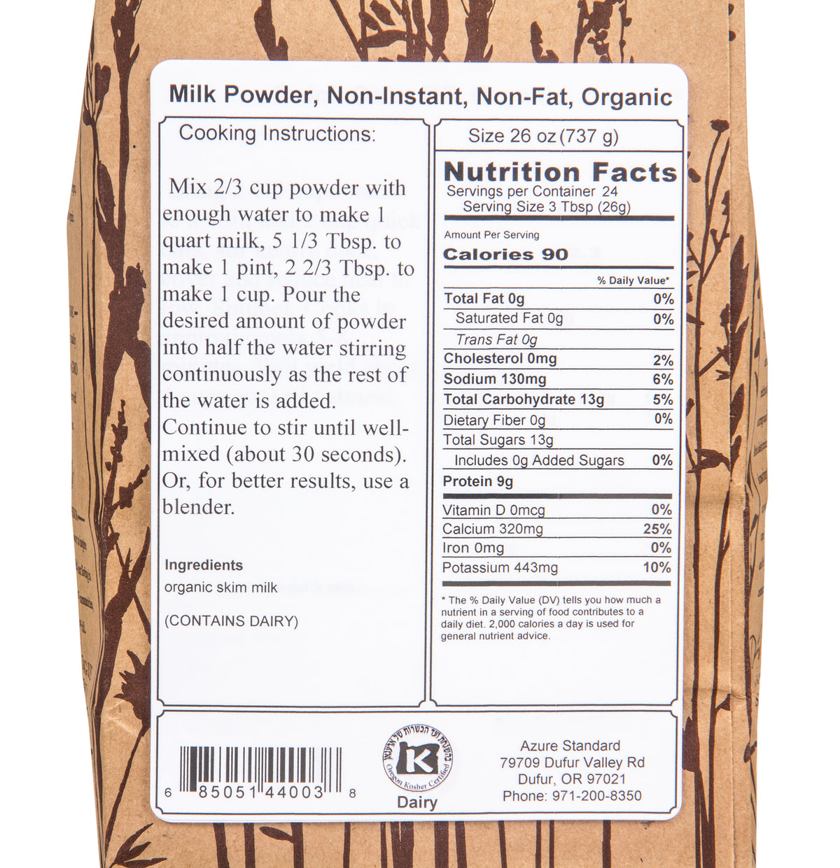 Milk Powder, Non-Instant, Non-Fat, Organic