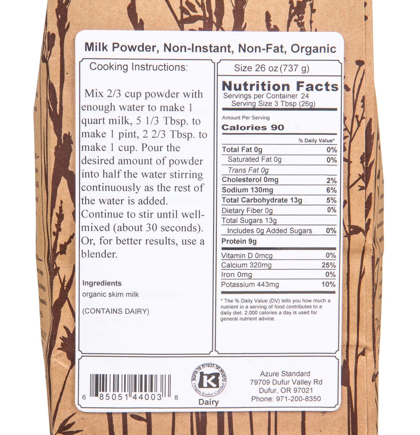 Milk Powder, Non-Instant, Non-Fat, Organic