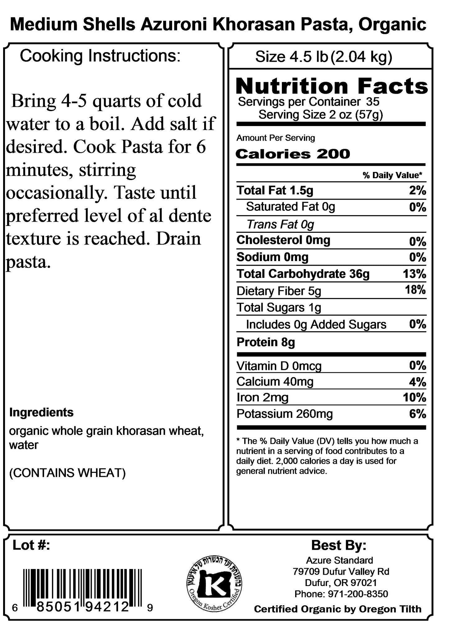 Medium Shells Azuroni Khorasan Pasta, Organic