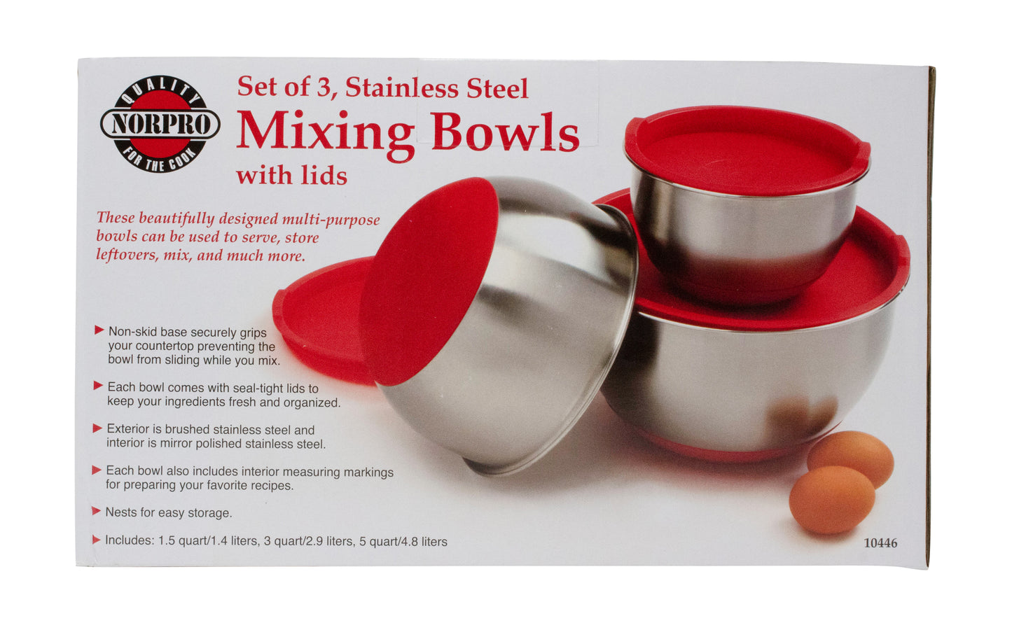 Mixing Bowls with Grip and Lid, Stainless Steel, Set of 3