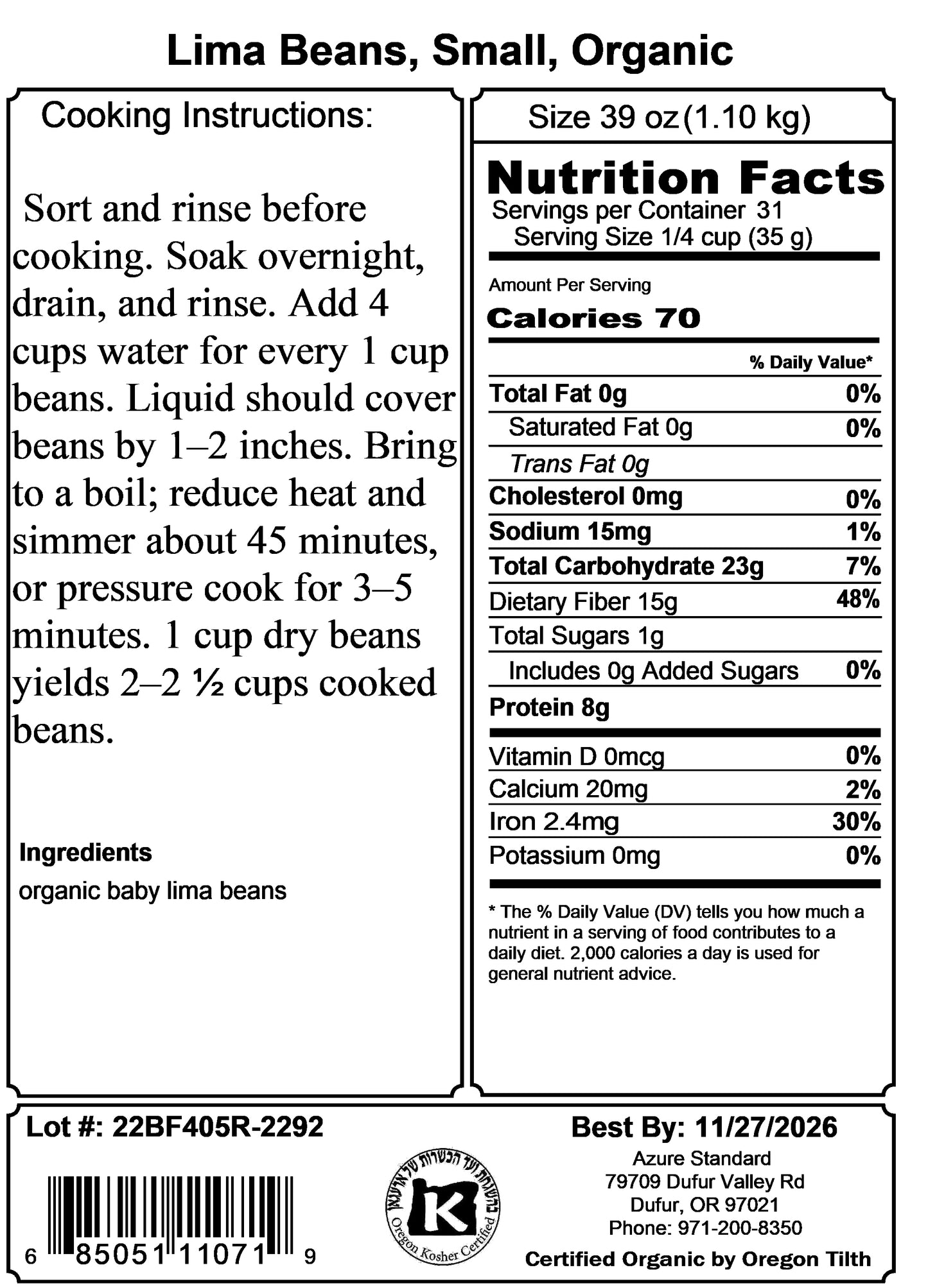 Lima Beans, Small, Organic