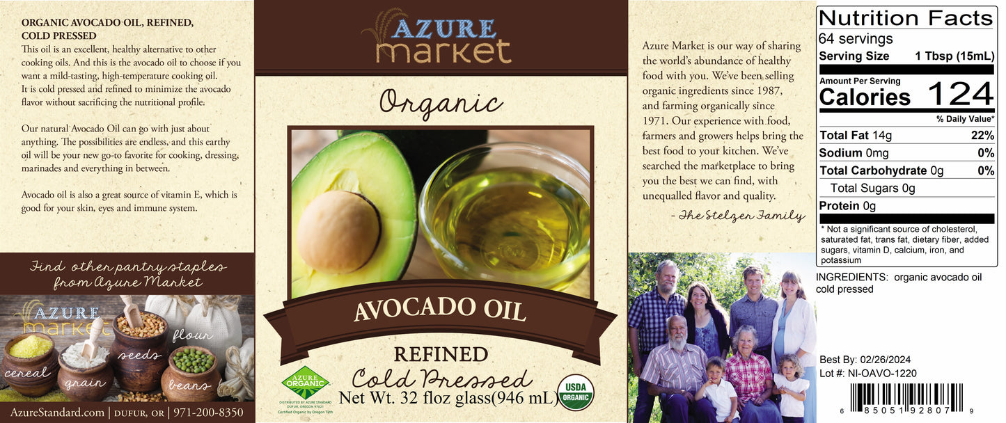 Avocado Oil, Cold Pressed, Refined, Organic