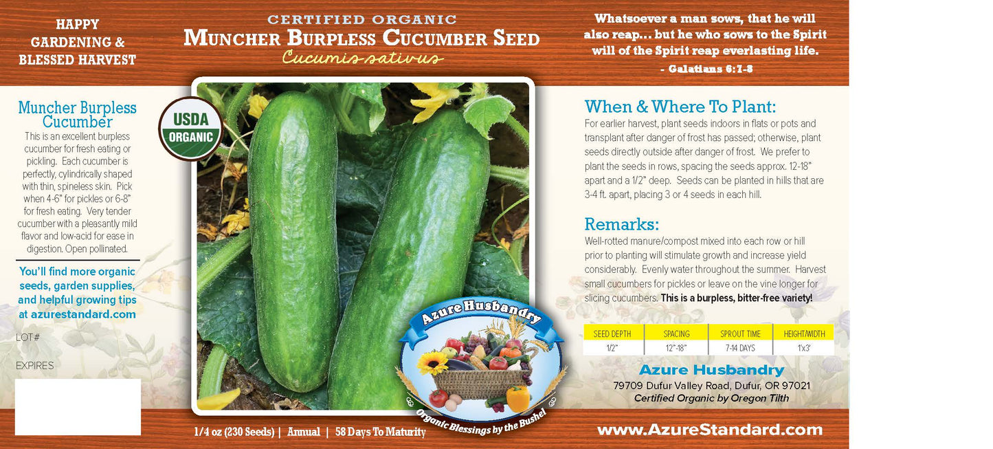 Muncher Burpless Cucumber Seed, Organic