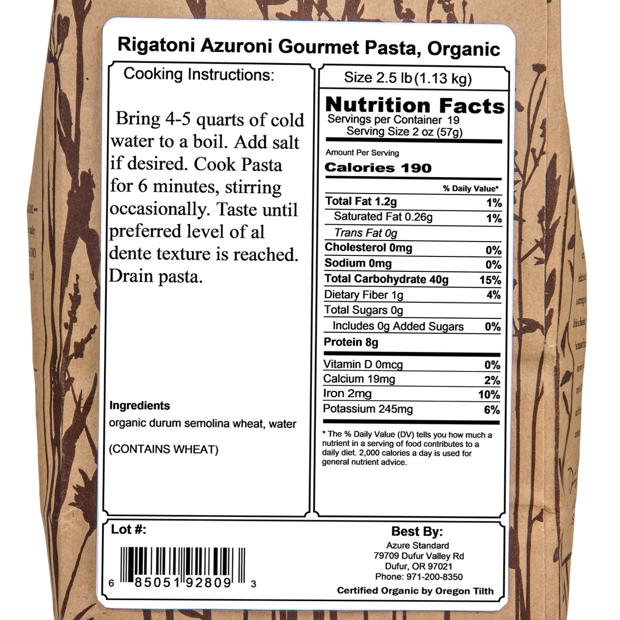 Rigatoni Azuroni Gourmet Pasta, Organic