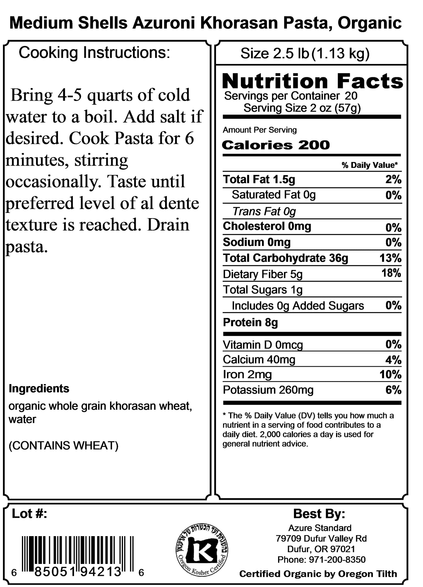 Medium Shells Azuroni Khorasan Pasta, Organic
