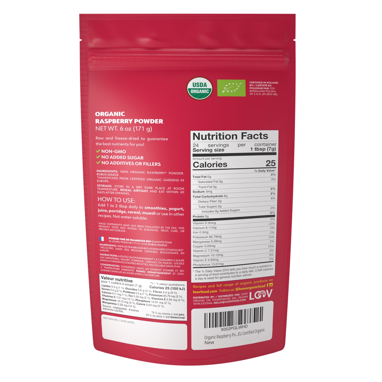 Raspberry Powder, Freeze-Dried, Organic