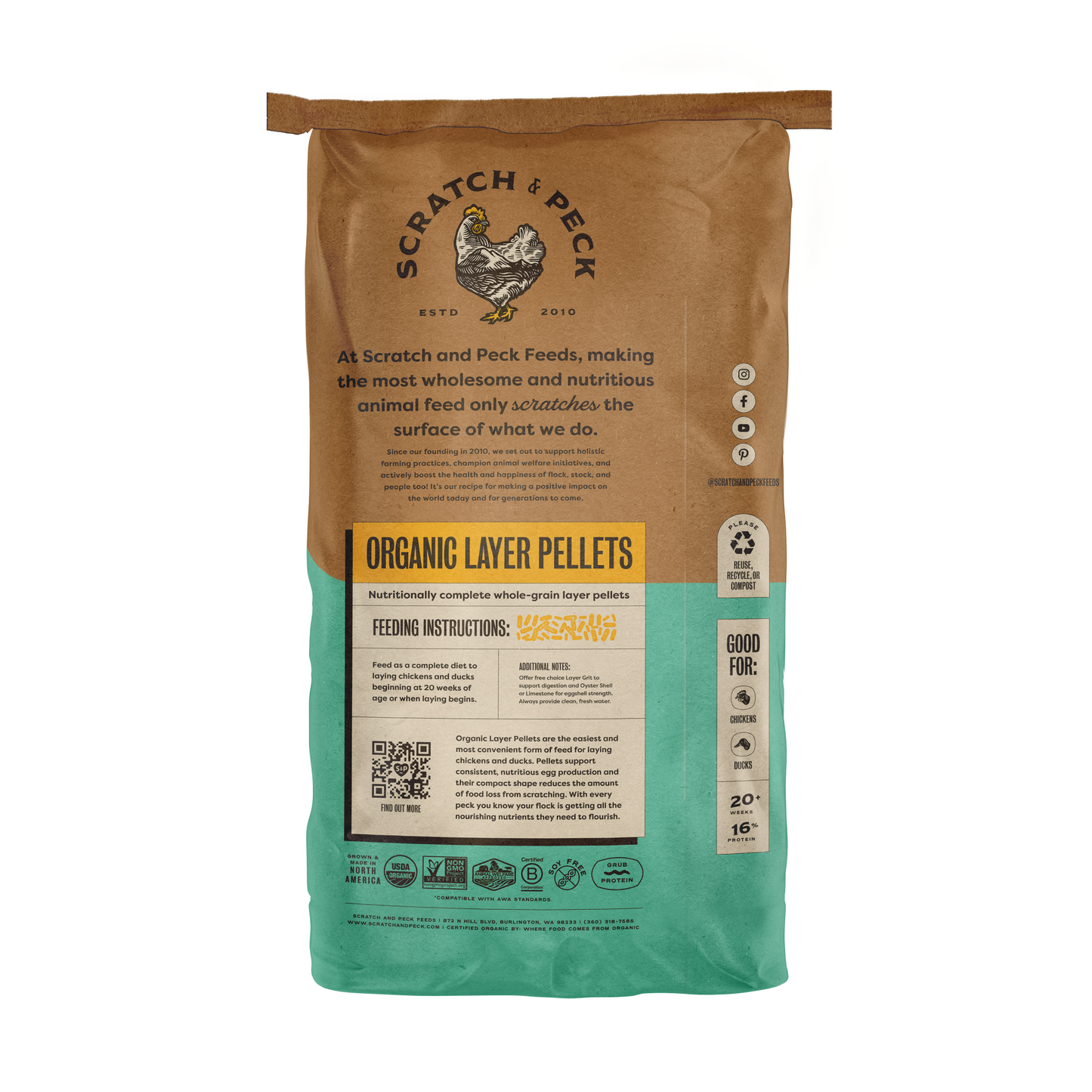 Chicken and Duck Feed, Layer Pellets 16%, Grub Protein, Organic