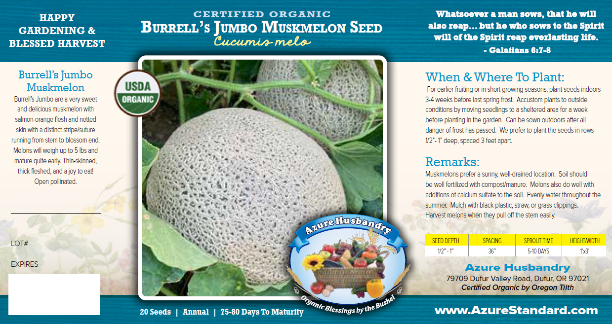 Burrell's Jumbo Muskmelon Seed, Organic
