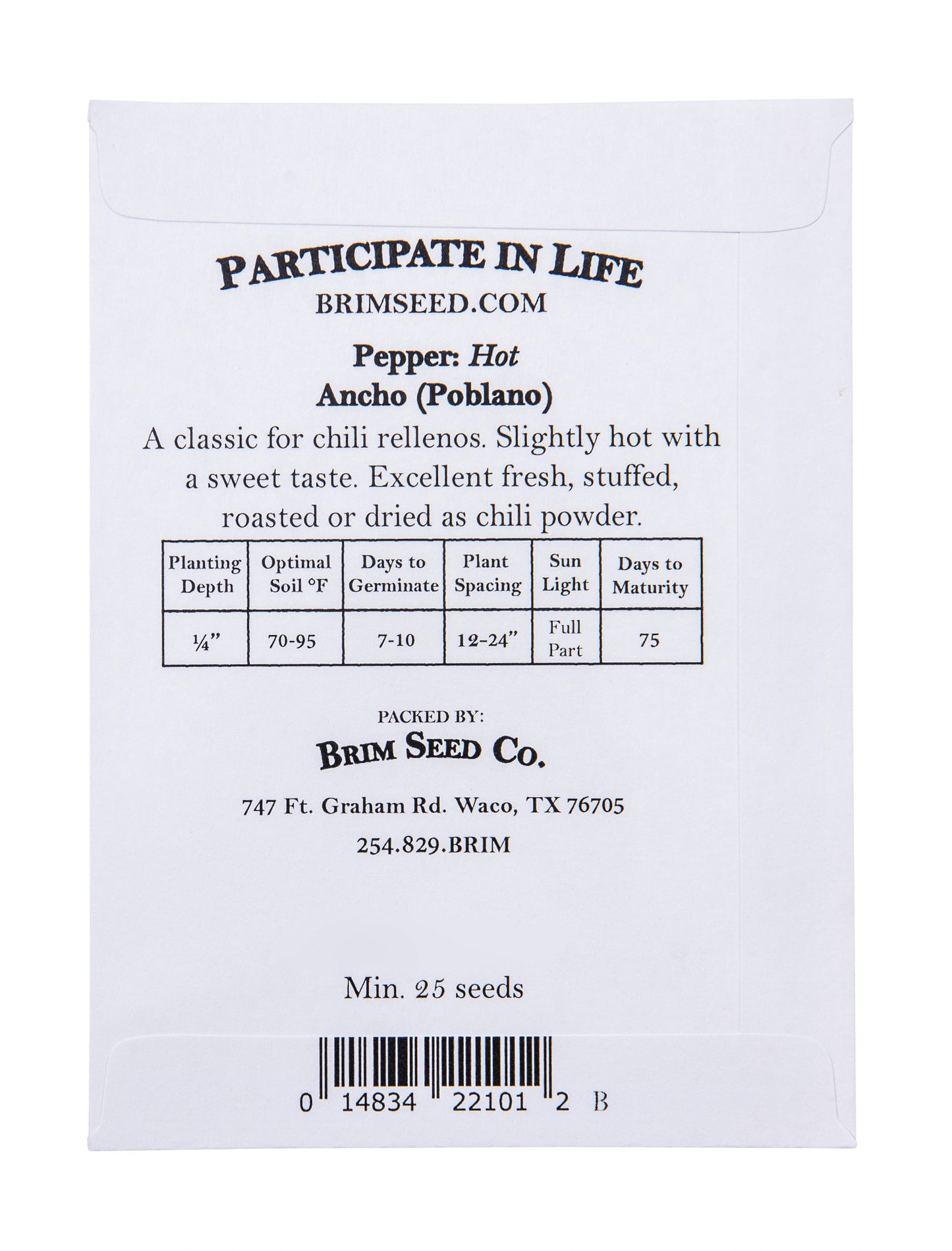 Pepper, Hot Ancho (Pablano) Seed