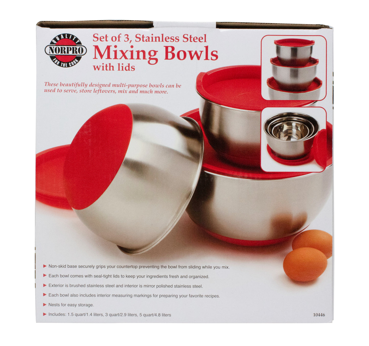 Mixing Bowls with Grip and Lid, Stainless Steel, Set of 3