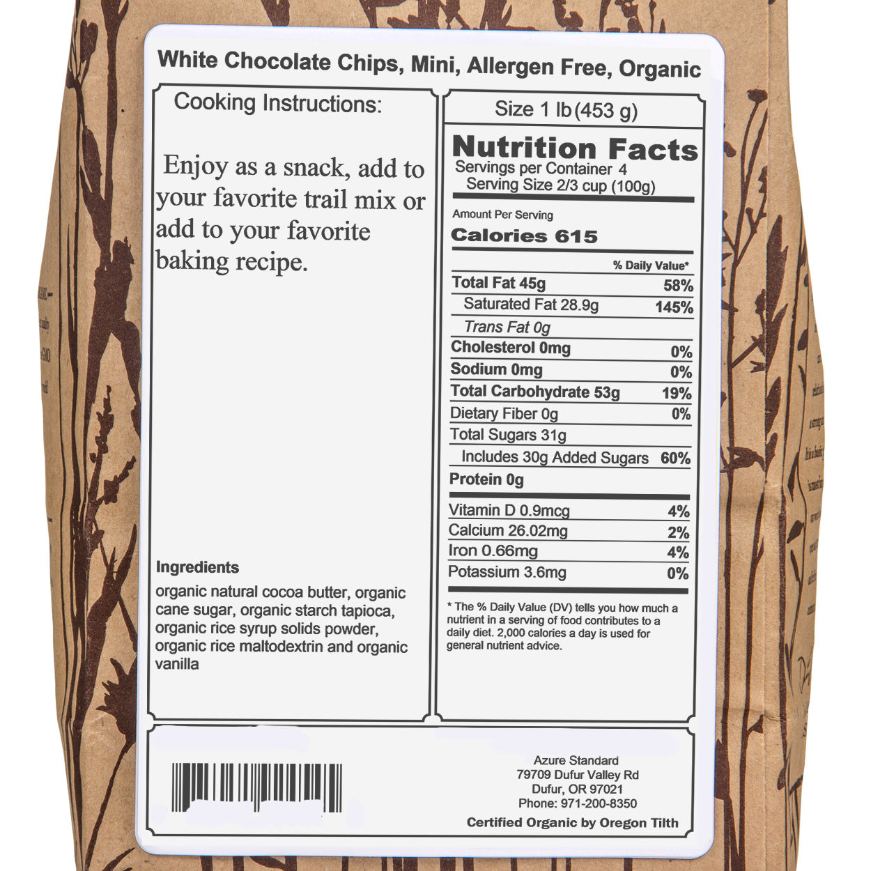 White Chocolate Chips, Mini, Allergen Free, Organic