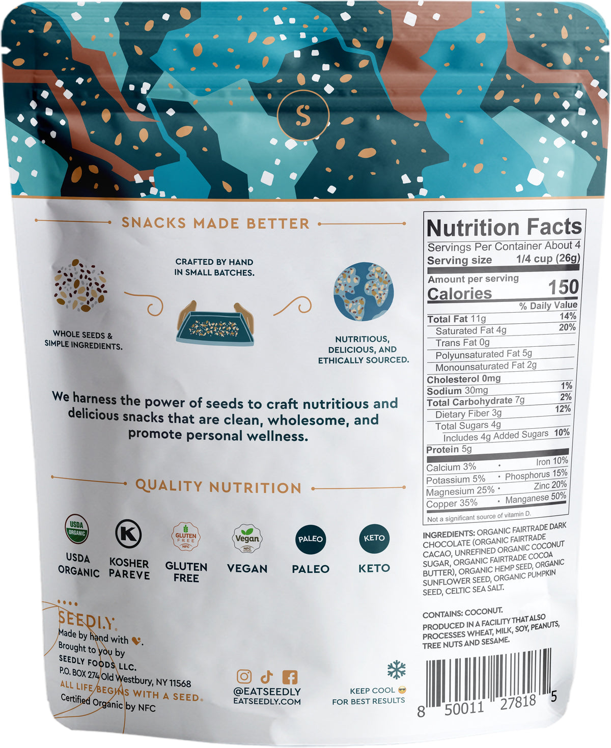 Dark Chocolate Seed Bark, Celtic Sea Salt, Organic
