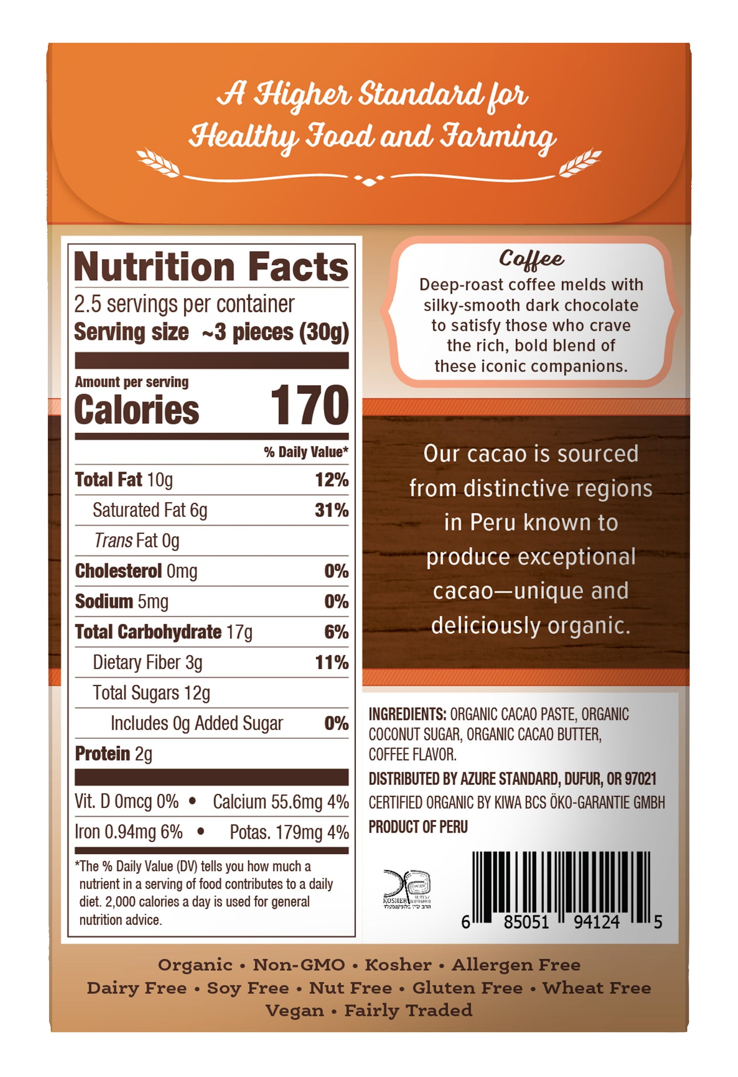 Dark Chocolate Bar Coffee 55%, Sweetened With Coconut Sugar, Organic