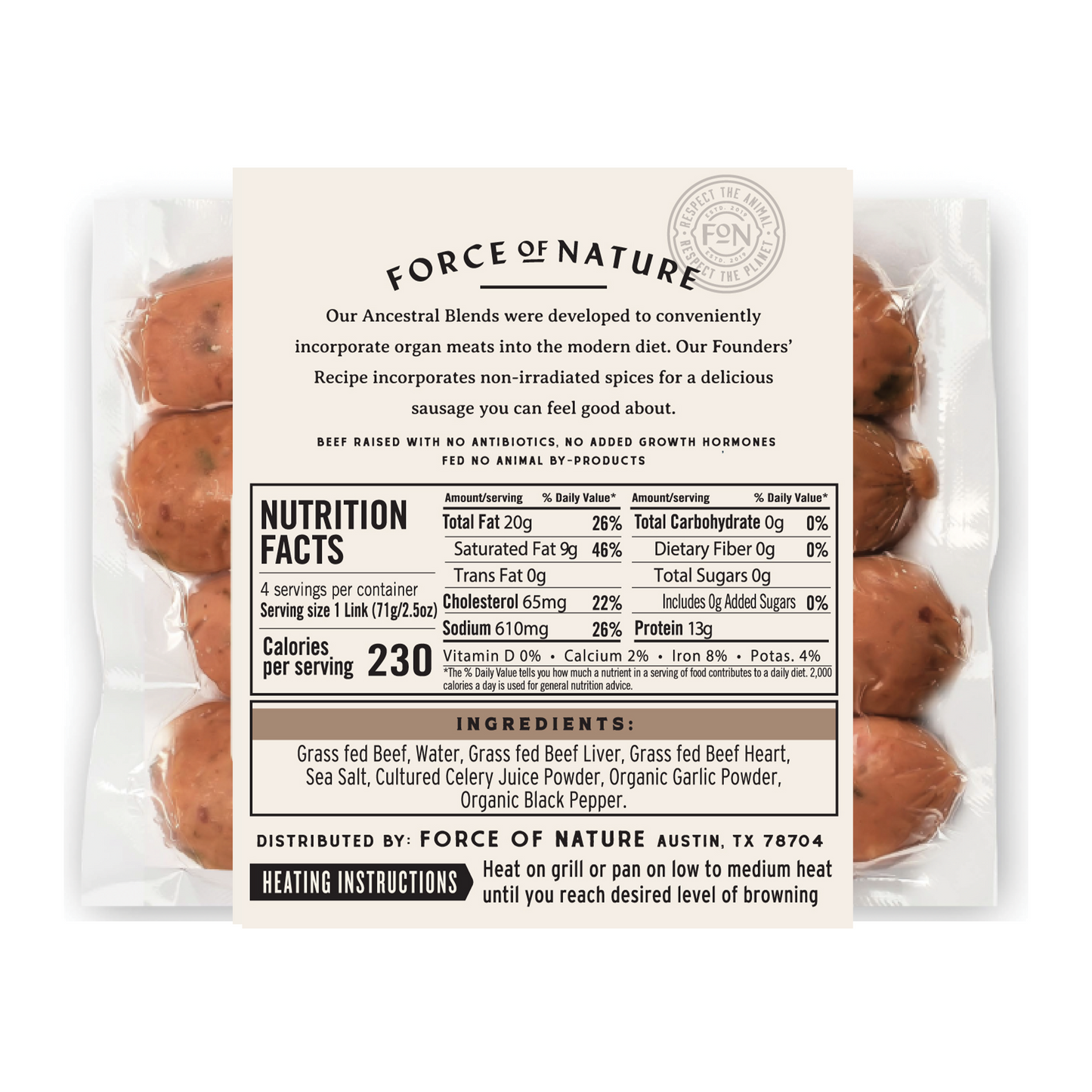Beef Sausage Links, Ancestral Blend, Grass fed, Frozen
