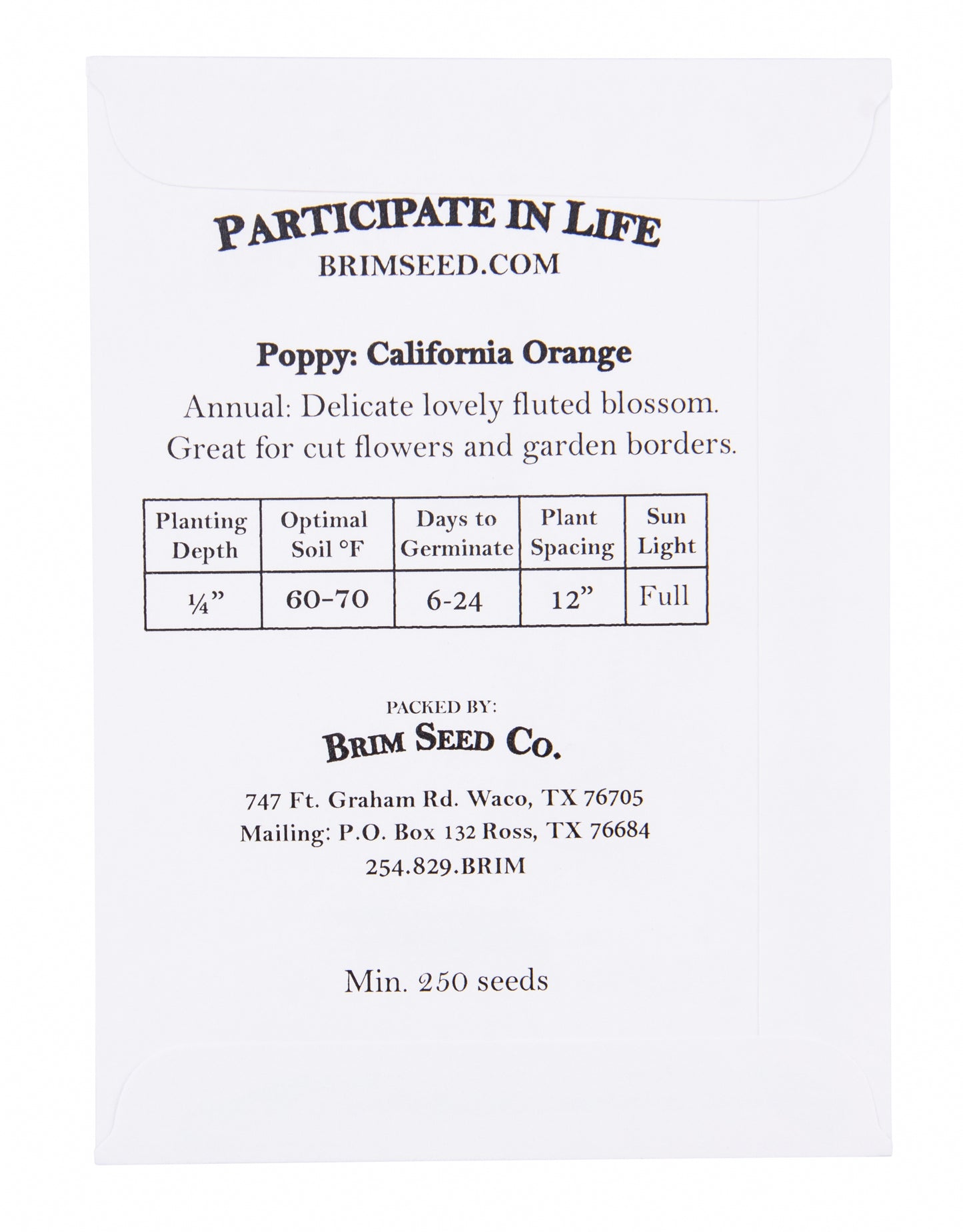 Flower, Poppy California Orange Heirloom Seed