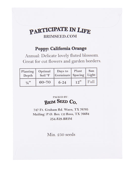 Flower, Poppy California Orange Heirloom Seed