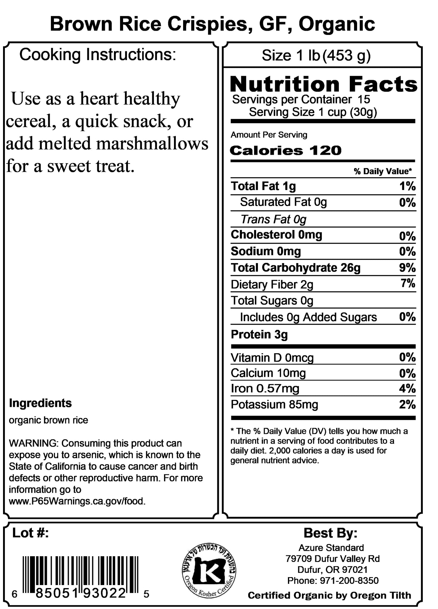 Brown Rice Crispies, GF, Organic