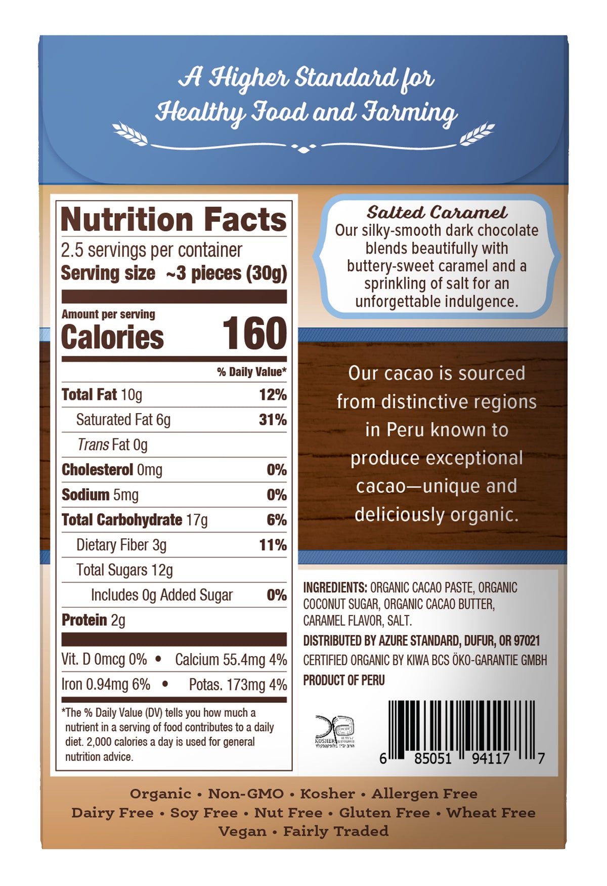 Dark Chocolate Bar Salted Caramel 55%, Sweetened With Coconut Sugar, Organic
