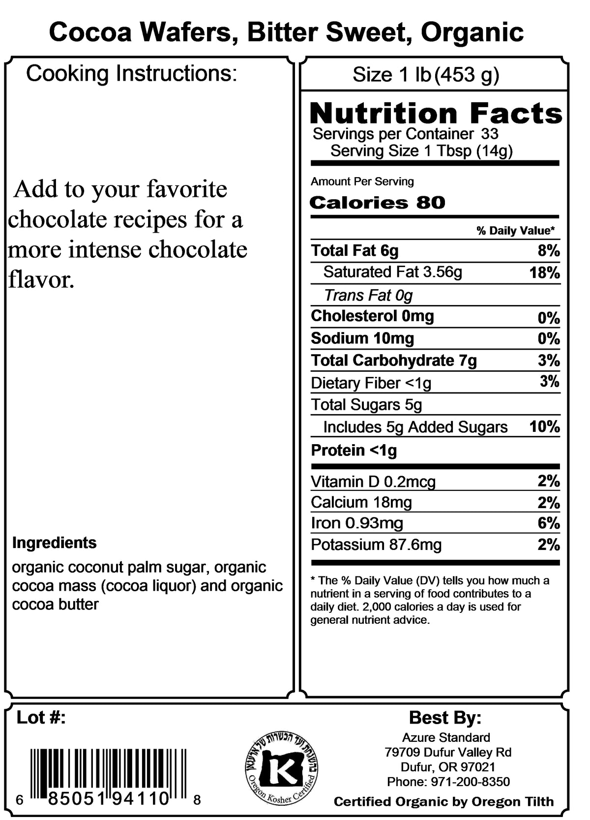 Cocoa Wafers, Bitter Sweet, Organic