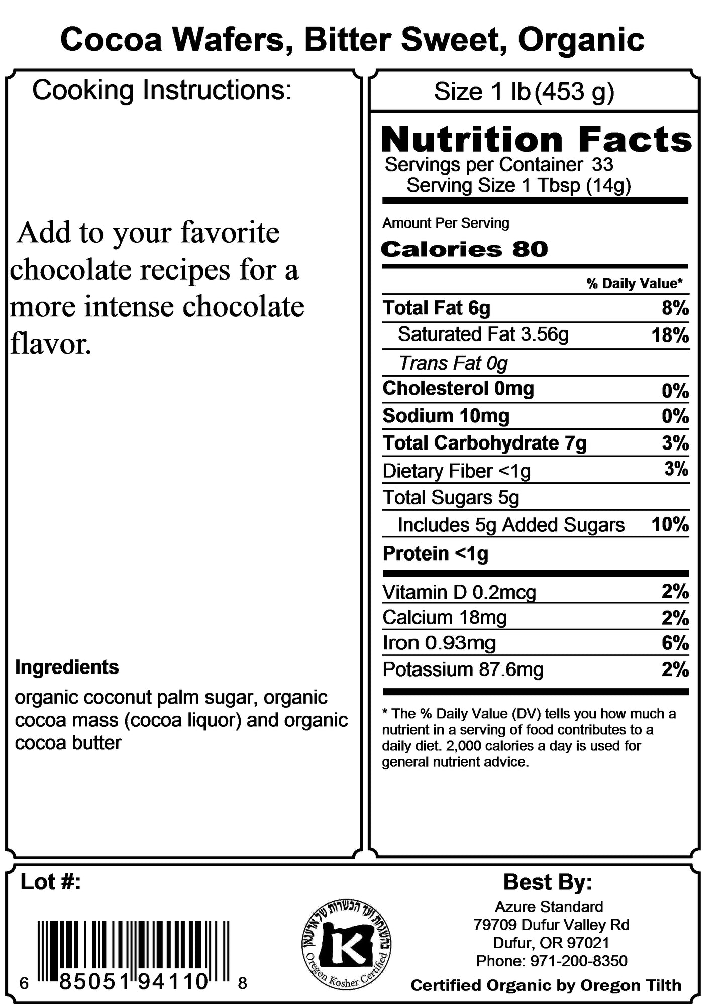 Cocoa Wafers, Bitter Sweet, Organic