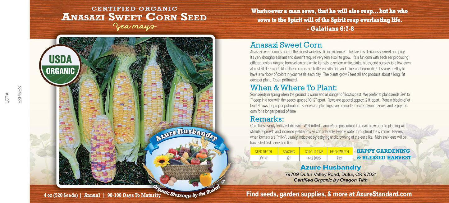 Anasazi Sweet Corn Seed, Organic