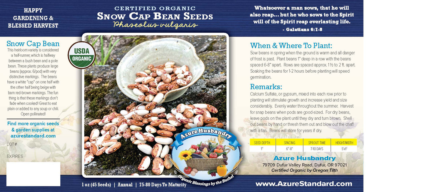 Snow Cap Bean Seed, Organic