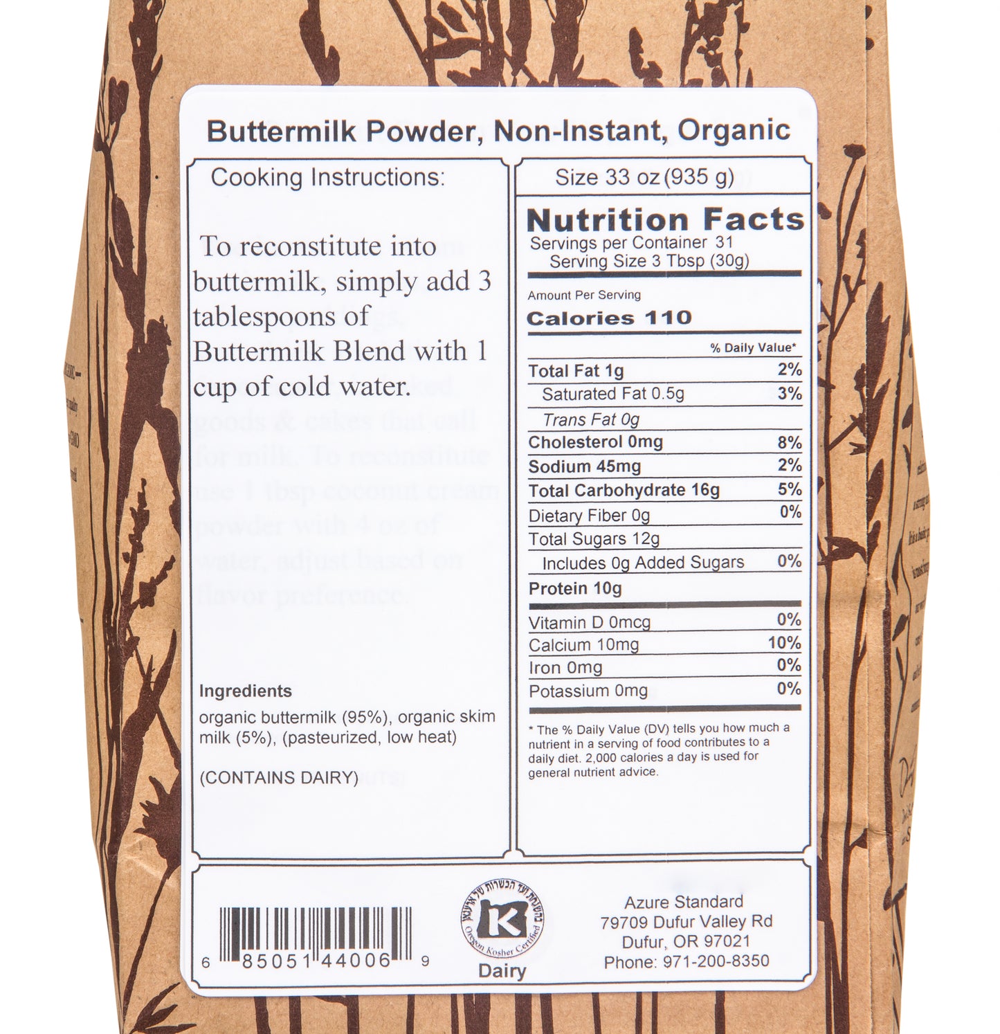 Buttermilk Powder, Non-Instant, Organic