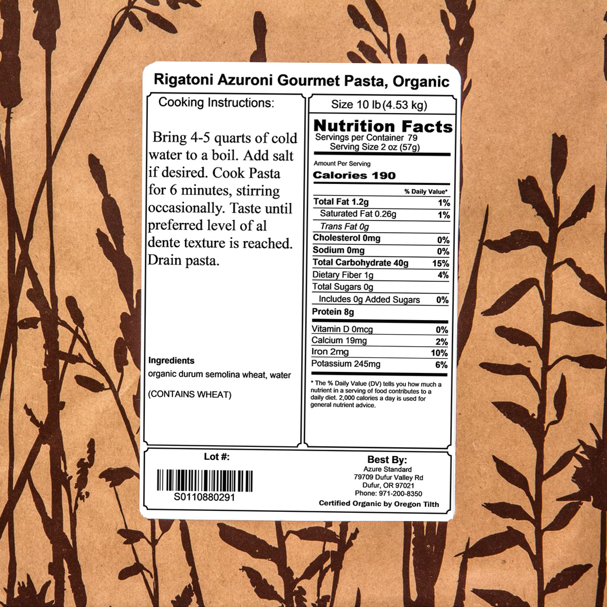 Rigatoni Azuroni Gourmet Pasta, Organic