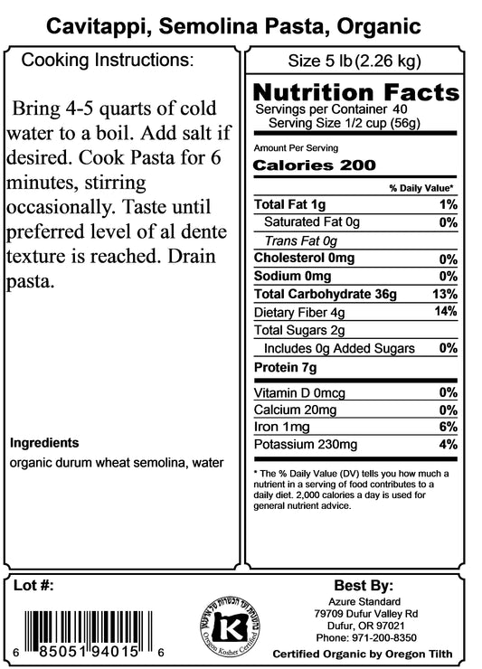 Cavatappi, Semolina Pasta, Organic