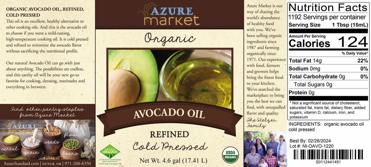 Avocado Oil, Cold Pressed, Refined, Organic