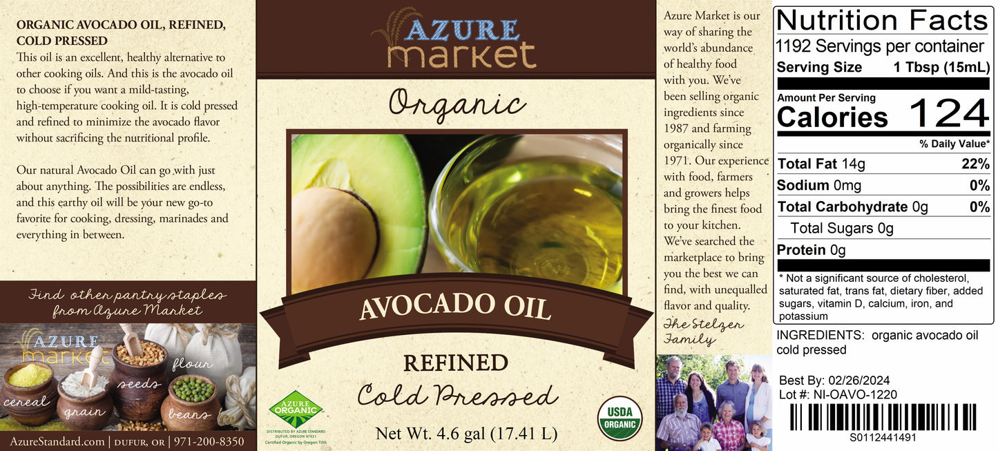 Avocado Oil, Cold Pressed, Refined, Organic
