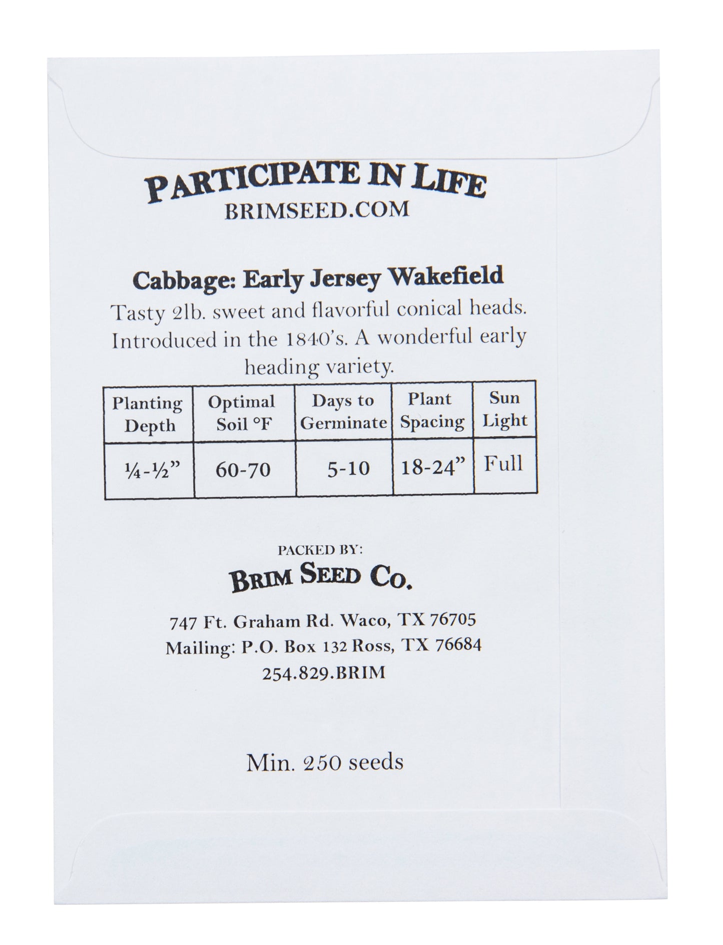 Cabbage, Early Jersey Wakefield Heirloom Seed