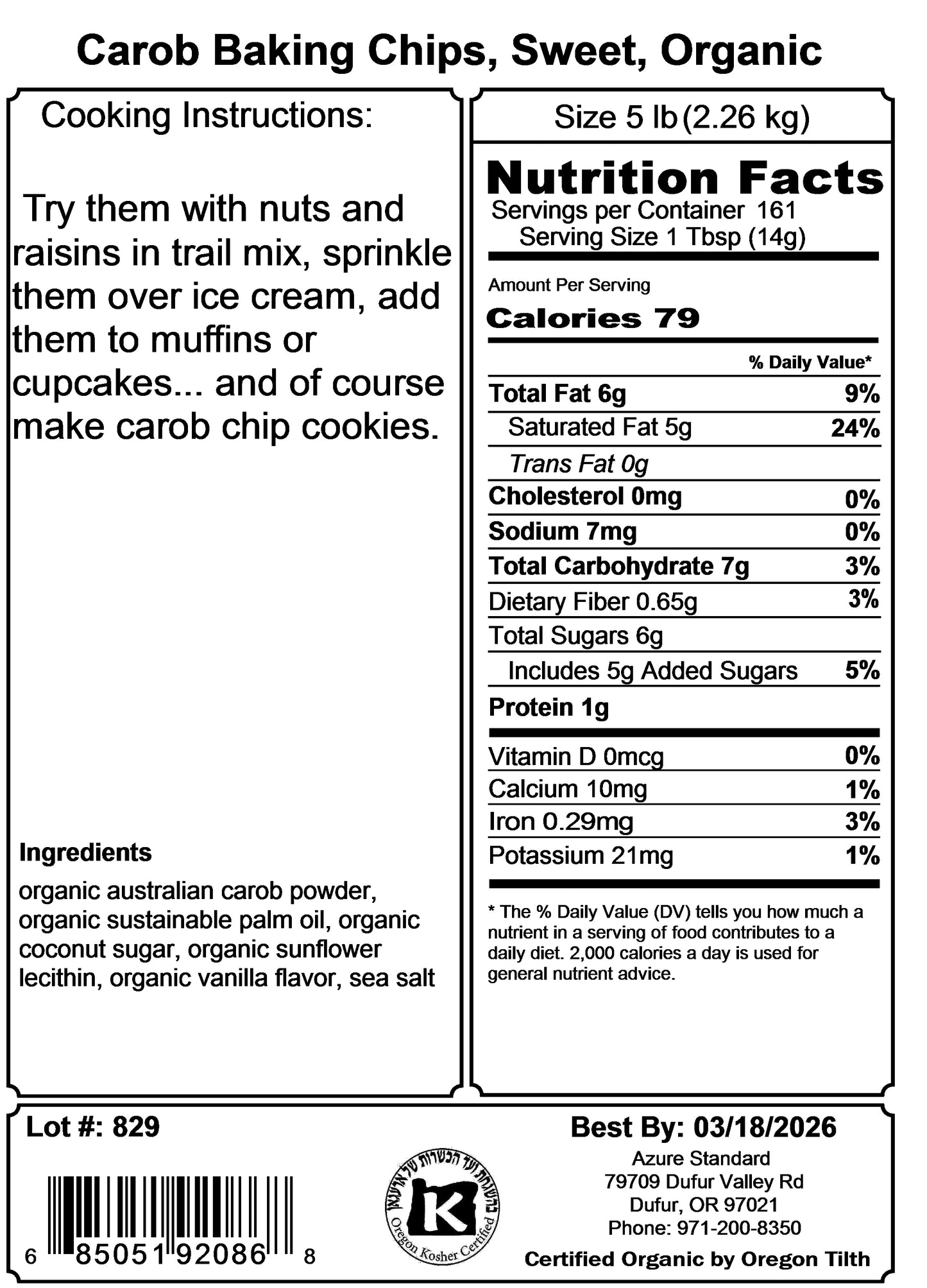 Carob Baking Chips, Sweet, Organic