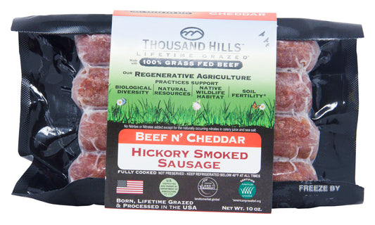 Beef 'n Cheddar Sausage, Uncured, Hickory Smoked, Frozen, Grass-Fed