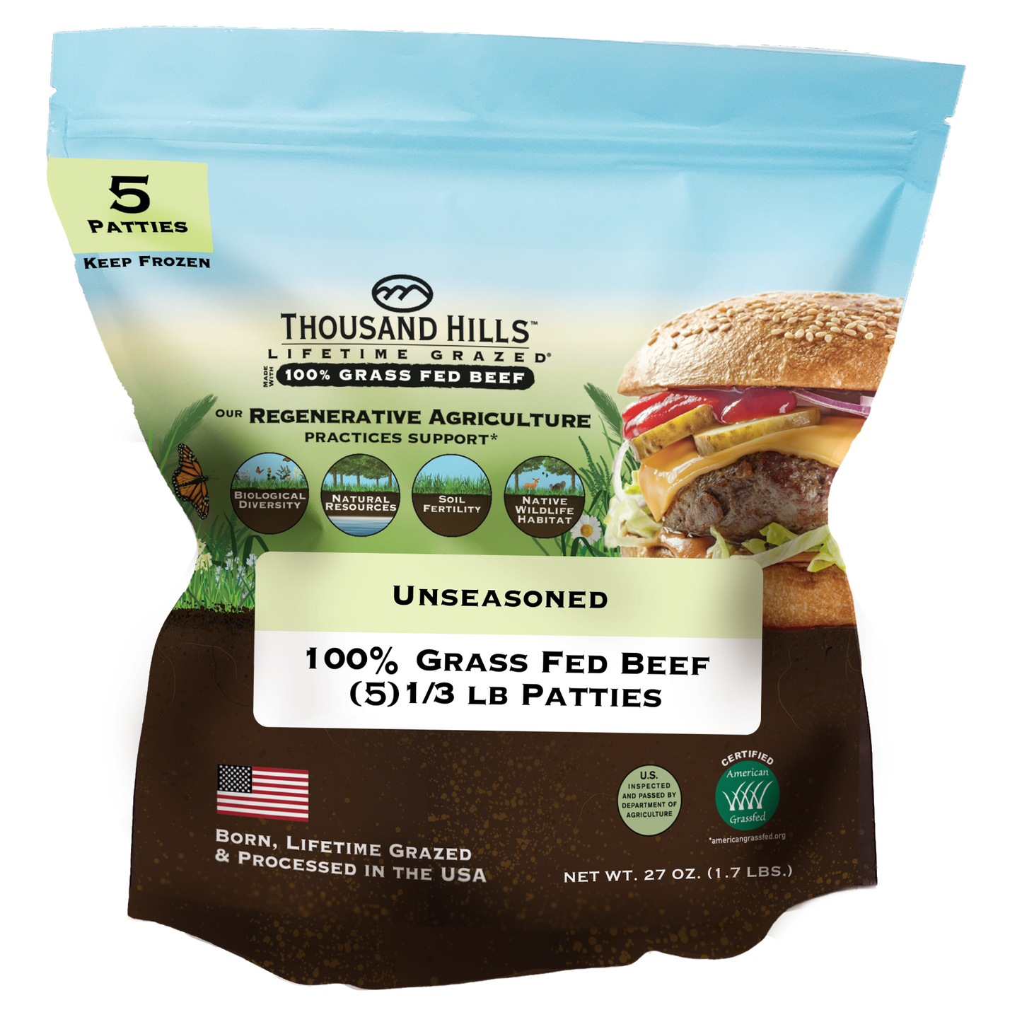 Ground Beef, Unseasoned Patties, Frozen, Grass-Fed