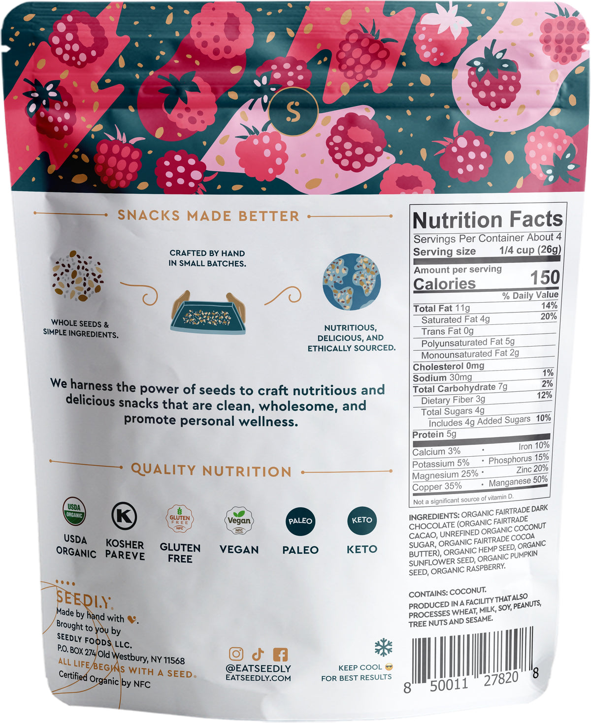Dark Chocolate Seed Bark, Raspberry Bliss, Organic